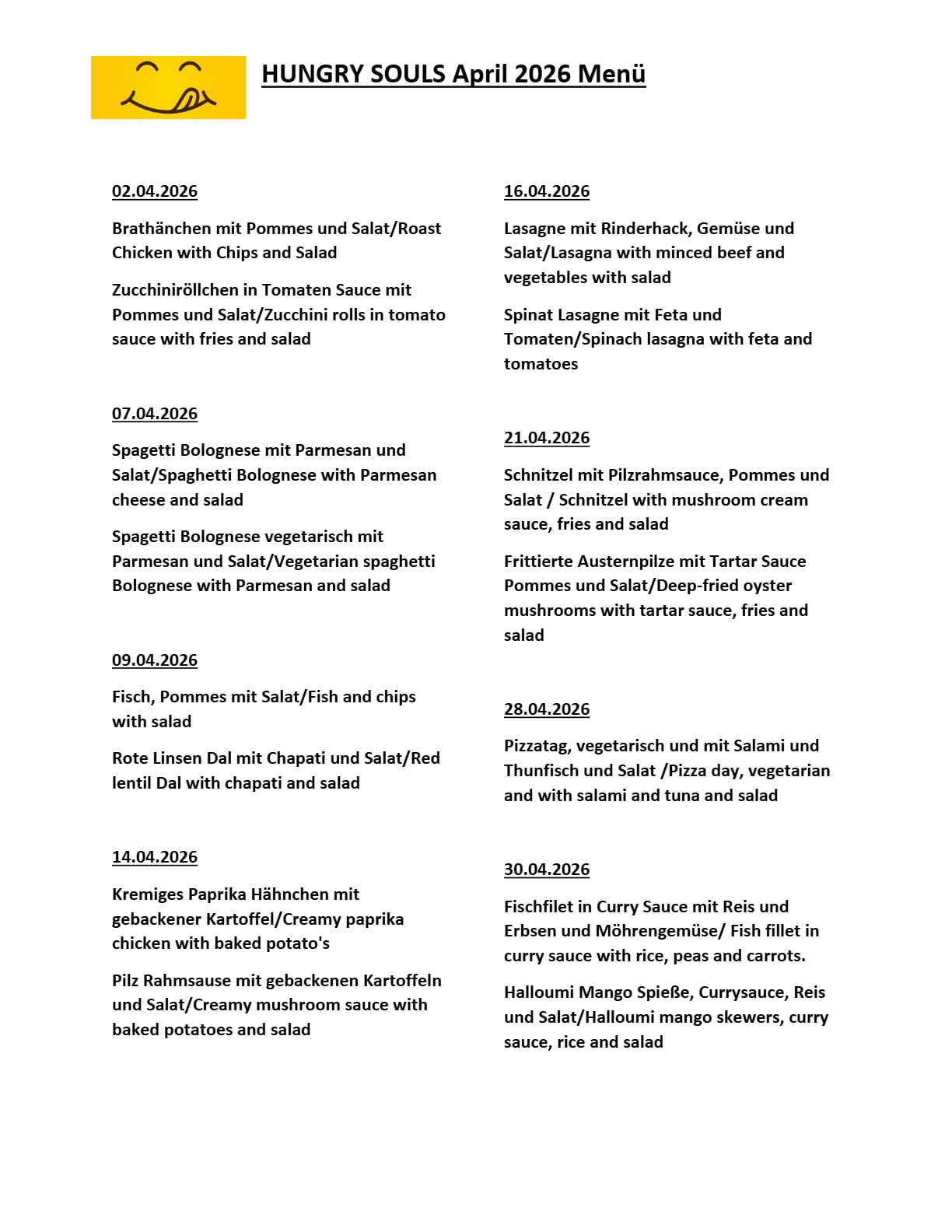 Vorschau: Hungry Souls Menü April 2026